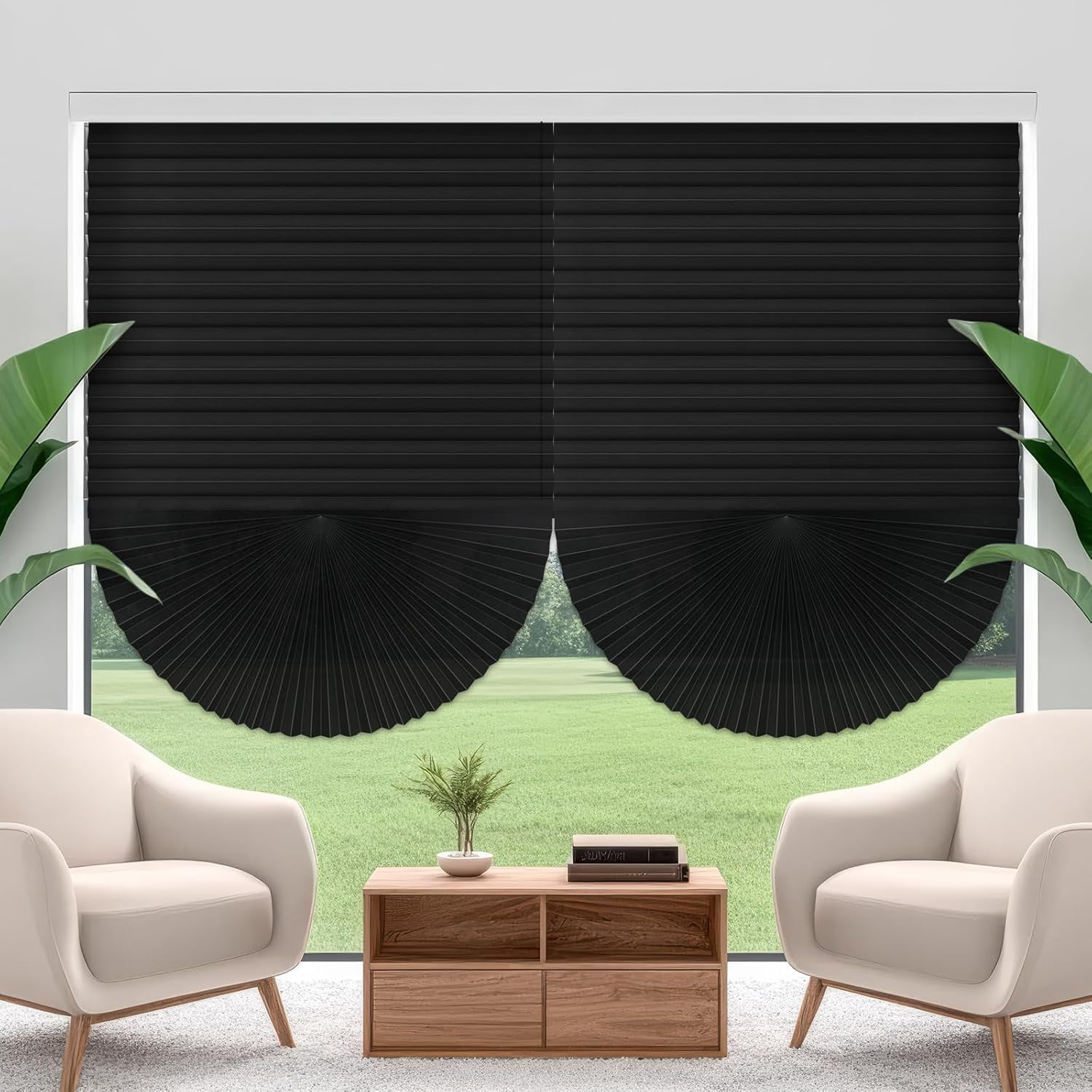 2Pcs Filtering Temporary Blinds for Windows, Cordless Pleated Light Filtering Fabric Shade Self Adhesive Pleated Window Shade, Easy to Cut and Install 120*150cm Black