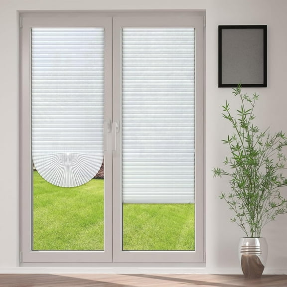 2Pcs Filtering Temporary Blinds for Windows, Cordless Pleated Light Filtering Fabric Shade Self Adhesive Pleated Window Shade, Easy to Cut and Install 120*210cm White