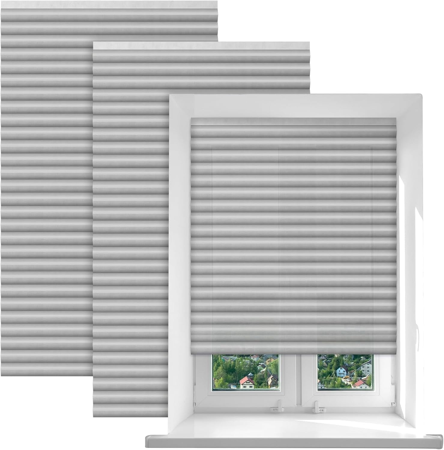 2Pcs Filtering Temporary Blinds for Windows, Cordless Pleated Light Filtering Fabric Shade Self Adhesive Pleated Window Shade, Easy to Cut and Install 90*150cm Grey