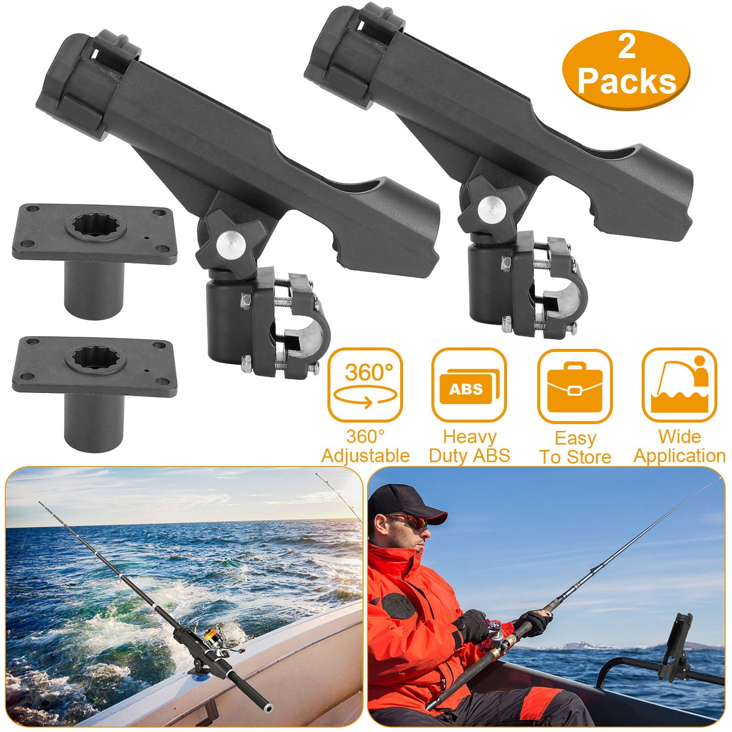 ROUDJER Fishing Rod Holders Boat, 2 Pcs Fishing Rod Holders for Boat with  Lage Clamp Opening 360 Degree Adjustable for Kayak Canoe Easy Installation