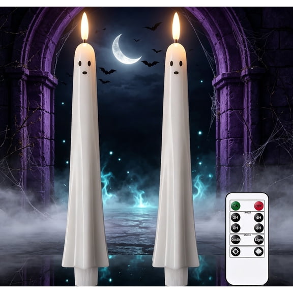 2Pcs Flameless Flickering Ghost Taper Candles with Remote and Timer, Battery Operated White Spooky Ghost Face LED Candles Set of 2 Fireplace Horror Halloween Holiday Decor