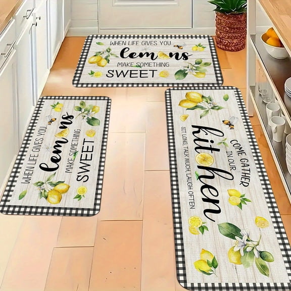 2Pcs Flannel Kitchen Mat Set, Bee & Lemon Pattern Soft Comfortable Floor Rug, Non-Slip Mats for Bedroom, Living Room, Dining Room, Bathroom, Entrance and Home Decoration