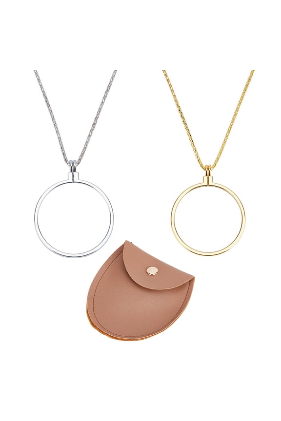 2Pcs Flat Round Glass Magnifying Pendant Necklace with 1Pc PU Imitation Leather Bags Mixed Color Necklace: 35.43 inch(90cm) for DIY