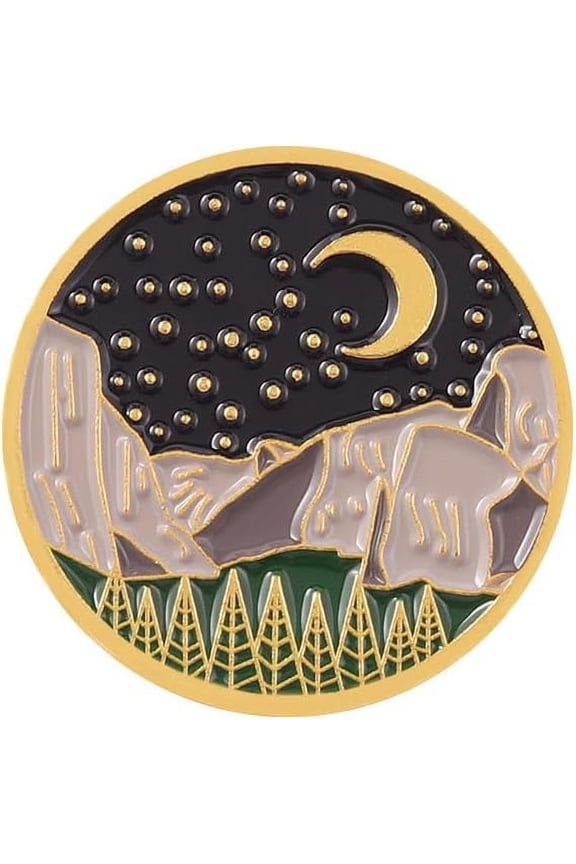 2Pcs Flat Round Mountain Moon Enamel Pins Black Alloy Brooches 23.8mm for Backpack Clothes Accessories