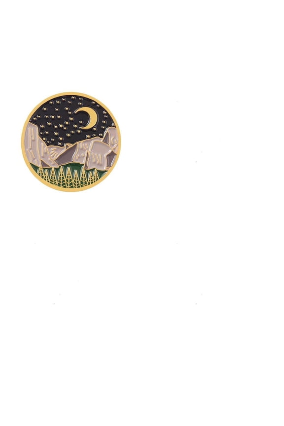 2Pcs Flat Round with Mountain Moon Enamel Pins Alloy Brooches for Backpack Clothes Black 23.8mm for DIY