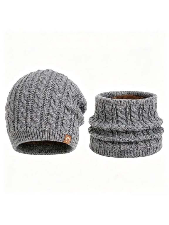 2Pcs Fleece Lined Winter Beanie Hat Scarf Set, Thermal Knit Warm Accessories for Men & Women