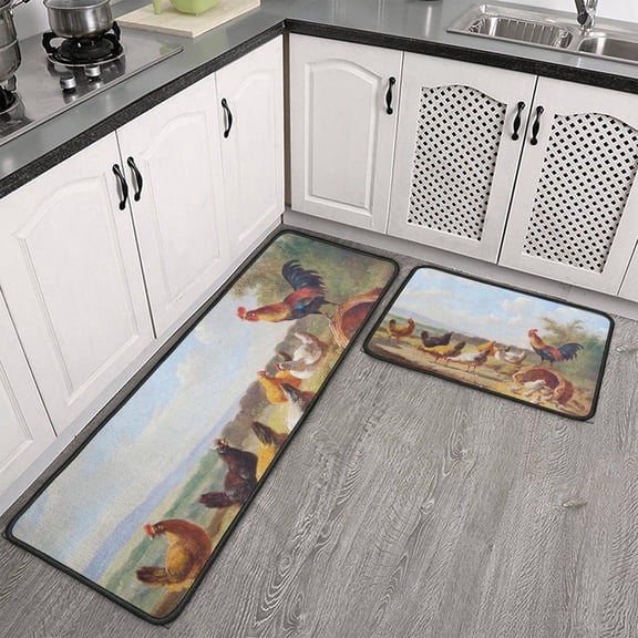 2Pcs Floor Mat for Kitchen Absorbent Set Farmhouse Rooster Theme Kitchen Mats for Kitchen Non Slip Waterproof Standing Kitchen Runner Mats 17\u201dx24\u201d+17\u201dx48\u201d