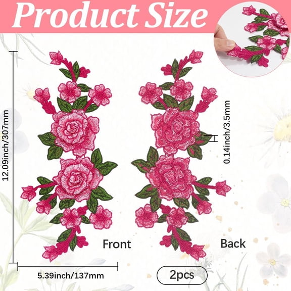 2Pcs Floral Embroidered Applique Flower Sewing Patches Vintage Pink Rose Pair Bouquet Boho Embroidery Patches Sew on Flowers Embellishments for Collar Clothes Dresses Backpacks Jeans Crafts