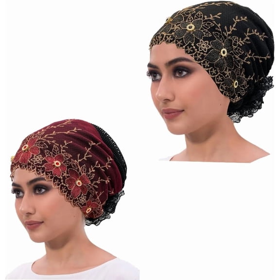 2Pcs Floral Embroidered Turban Cap for Women Muslim Lady Wrap Head Bonnet African Female Headwrap Cap