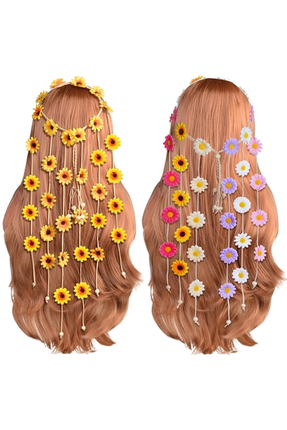 2Pcs Floral Headbands for Women Daisy Flower Hairbands Boho 60s 70s Hippie Accessories Fairy Crown Party Costume Outfits Headdress, Colorful and Yellow