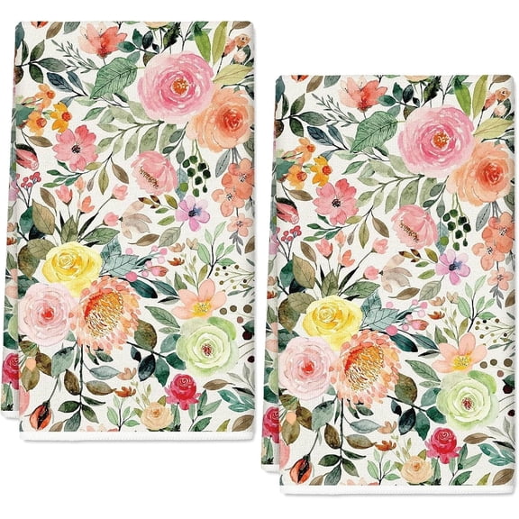 2Pcs Floral Kitchen Towel Watercolor Flower Dish Towel 16x24 inch Vintage Rose with Leaves Hand Drying Tea Towel for Cleaning Wiping