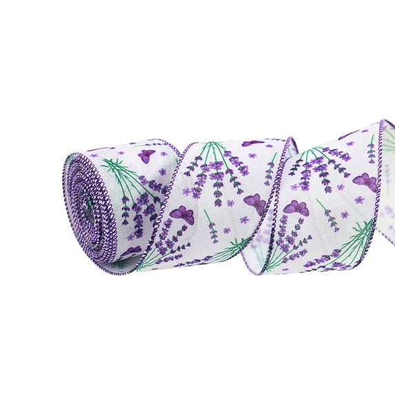 2Pcs Floral Wired Edge Ribbon,Purple Lavender Butterfly Burlap Ribbon,Purple White Dot Gift Wrapping Ribbon for Farmhouse Party DIY Craft Spring Wreaths Bow Decoration Gift Box Packing Ribbon