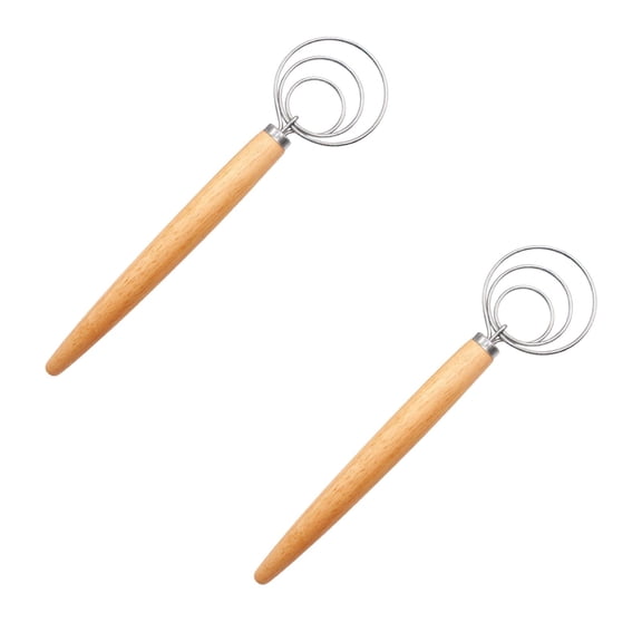 2Pcs Flour Mixer Wooden Handle Dough Whisk Baking Bread Whisk Wooden Handle Baking Tool Kneading Tool Kitchen Danish Wooden Handles Wooden Handle Dough Mixer Whisk Pizza Stainless Stee Egg Beater