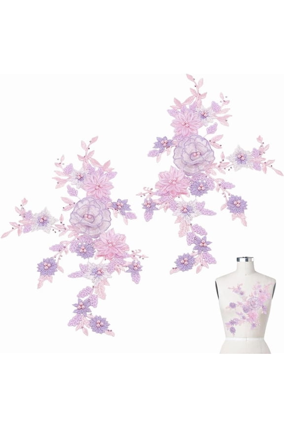 2Pcs Flower Beaded Patches 3D Flower Lace Appliques Sew on Patches 770x340x7mm for Wedding Gown Dress Clothes Collar Hat Jeans Craft Decoration Repairing DIY Sewing Accessory Supplies for DIY