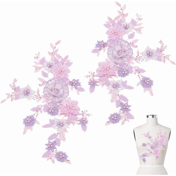 2Pcs Flower Beaded Patches 3D Flower Lace Appliques Sew on Patches 770x340x7mm for Wedding Gown Dress Clothes Collar Hat Jeans Craft Decoration Repairing DIY Sewing Accessory Supplies for DIY