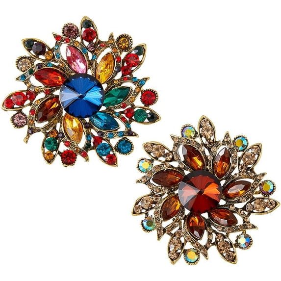 2Pcs Flower Brooch Pin for Wedding Gorgeous Rhinestone Brooch for Decoration Golden Alloy Badge for Women Elegant Flower Badge for Clothing Dress Accessories Mixed Color