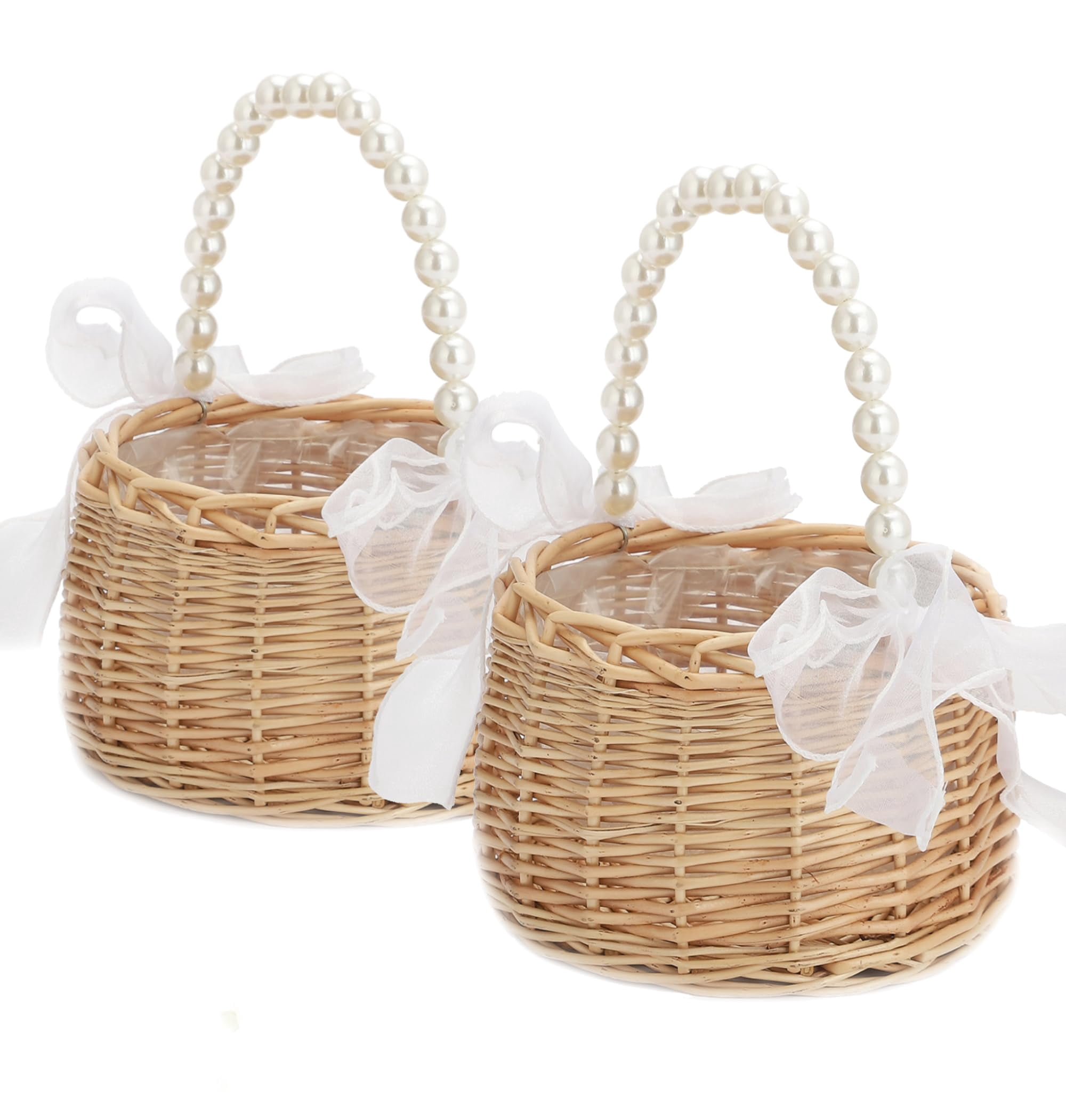2Pcs Flower Girl Basket, Wedding Flower Girl Basket with Pearl Handle and Bows Fairy Flower Basket Rattan Basket for Weddings Bridal Anniversary Party Decor