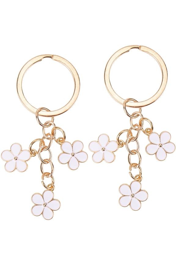 2Pcs Flower Keychain Charm Floral Key Chains Golden Metal Zinc Alloy White Enamel Spring Plants Flowers Charms Tassel Keychains Keyring for Keys