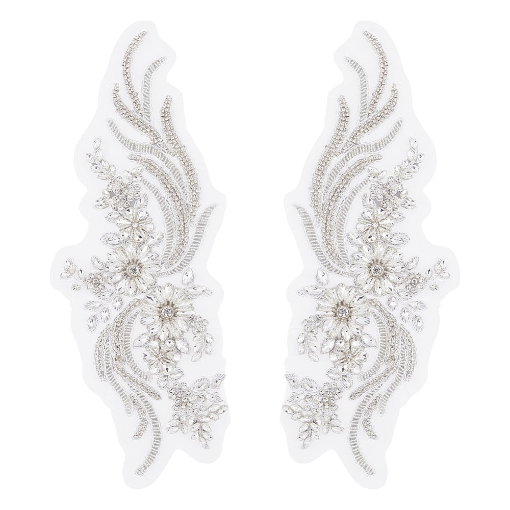 2Pcs Flower Lace Bead Applique Handmade Rhinestones Appliques Embroidery Floral Patch Sewing Beads Trim Patch Sparkly Sequins Beaded Applique for