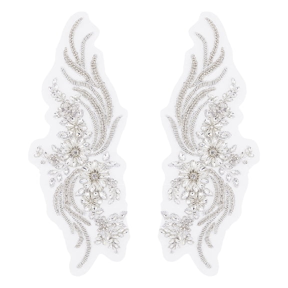 2Pcs Flower Lace Bead Applique Handmade Rhinestones Appliques Embroidery Floral Patch Sewing Beads Trim Patch Sparkly Sequins Beaded Applique for