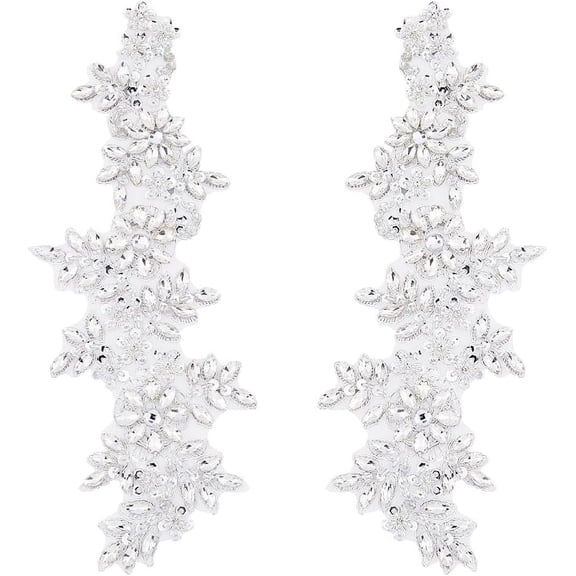 2Pcs Flower Lace Bead Applique Rhinestone Lace Appliques Sparkly Beaded Appliques Embroidery Floral Patch Sewing Beads Trim Patch Handmade Appliques
