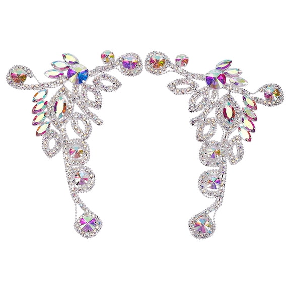 2Pcs Flower Rhinestone Applique with Flat Back 5.75x4.37Inch Silver Claw Rhinestone Beaded Appliques AB Patch Wedding Floral Rhinestones