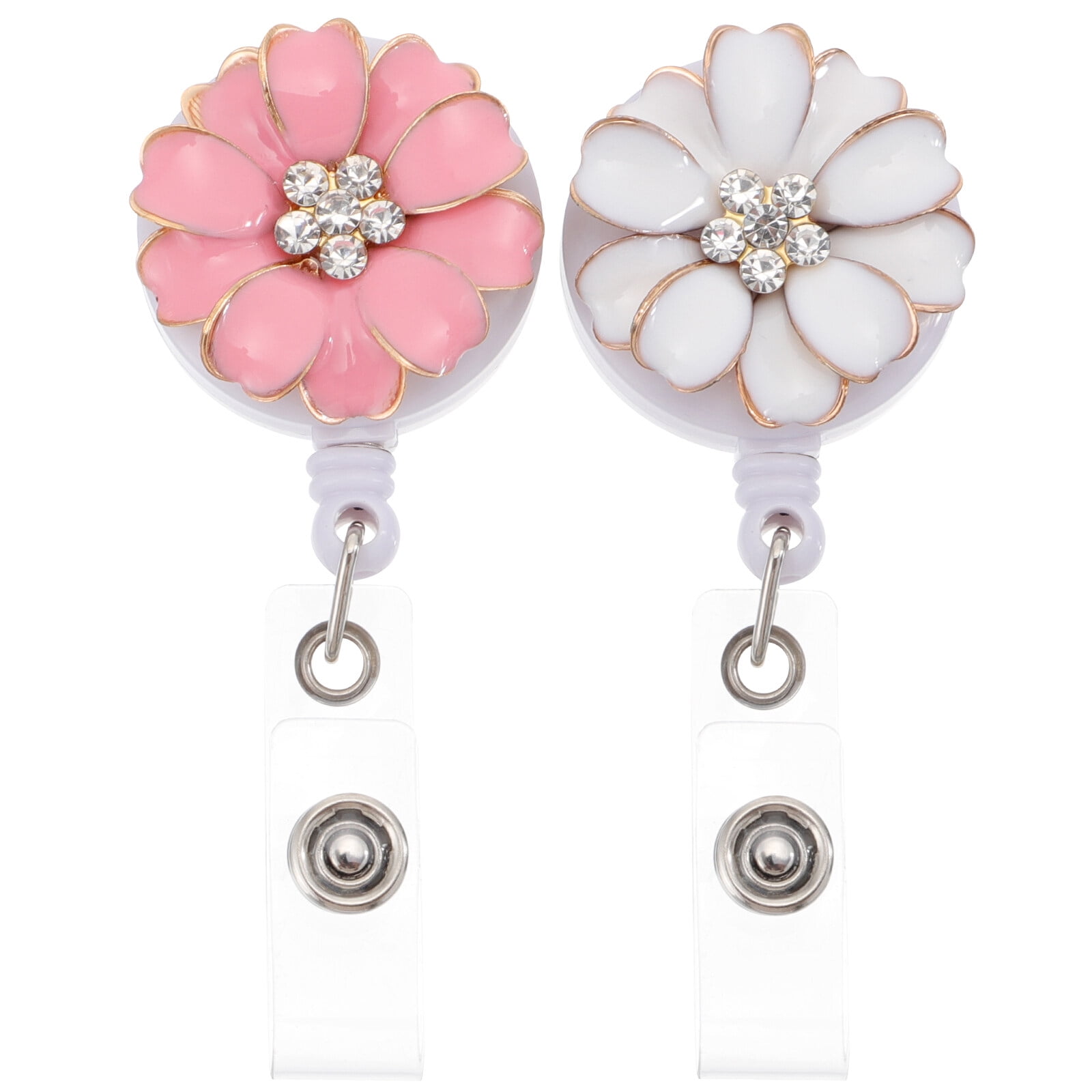 2Pcs Flower Rhinestone Badge Clip Retractable Badge Holder ID Name