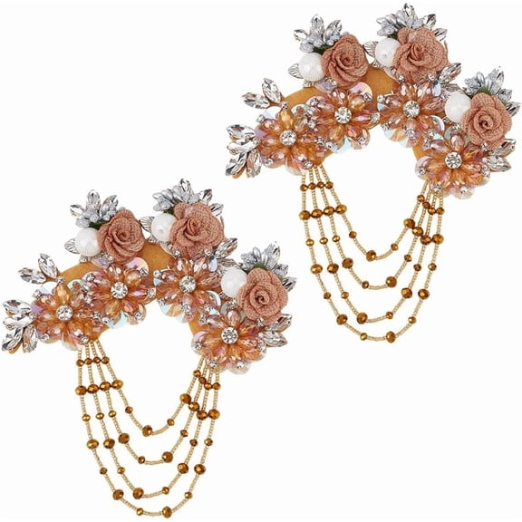 2Pcs Flower Shape 3D Three-Dimensional Rhinestone Applique Champagne Handicraft Sewing Fringe Beads Cloth Patches for DIY