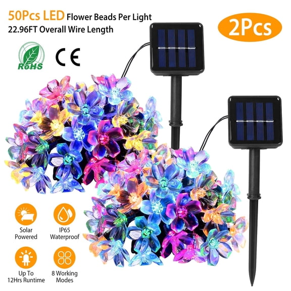 2Pcs Flower String Lights Moclever Solar Powered String Lights Outdoor Patio String Lights with 8 Lighting Modes IP65 Waterproof for Party Christmas Tree