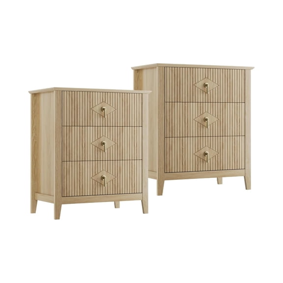 2Pcs Fluted Nightstand, 27.5" Wide Bedside Table with 3 Large Storage Drawers, Modern Night Stand with Metal Handle, Wooden End Table for Bedroom, Living Rooms, Hallway, Entryways, Closet, Natural
