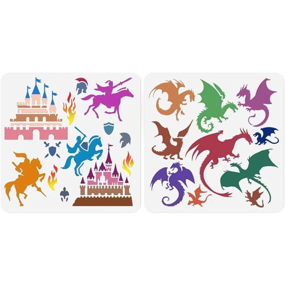2Pcs Flying Dragon Castle Knight Stencils Painting 11.8"x11.8" Plastic Fantasy Stencil Drawing Template DIY Craft Paint Templates