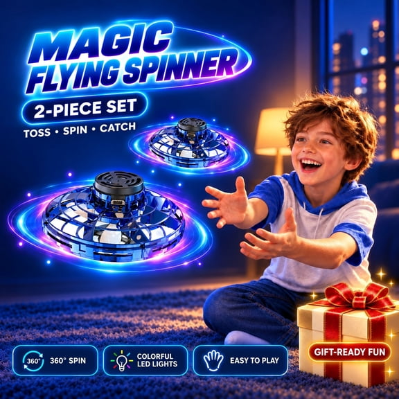 2Pcs Flying Spinner Mini Drone, Agdoad Hand Operated Flying Ball Toy with 360° Rotating & Gesture Control, Rechargeable Flying Orb UFO Toy with LED Lights for Kids Boys Girls Gift