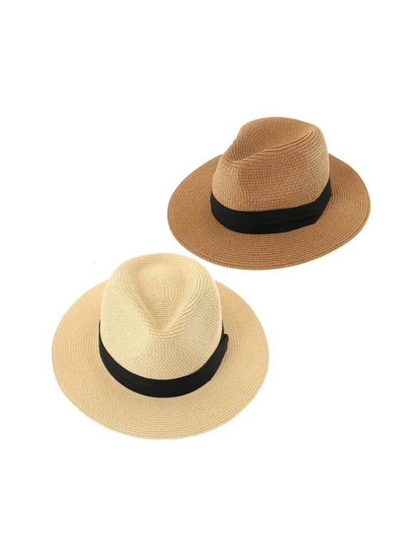 2Pcs Foldable Panama Straw Hat British Style Fedora Sun Hat for Men Women Beach UV Protection (Khaki & Beige)