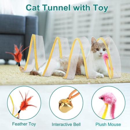 2Pcs Folded Cat Tunnel Tube, TeqHome Collapsible Cat Toys Tunnels for Indoor Kittens Cats, S-Type Cat Donut Tube Tunnel with Bell Feather & Mouse, Decompression Interactive Cat Springs Toys