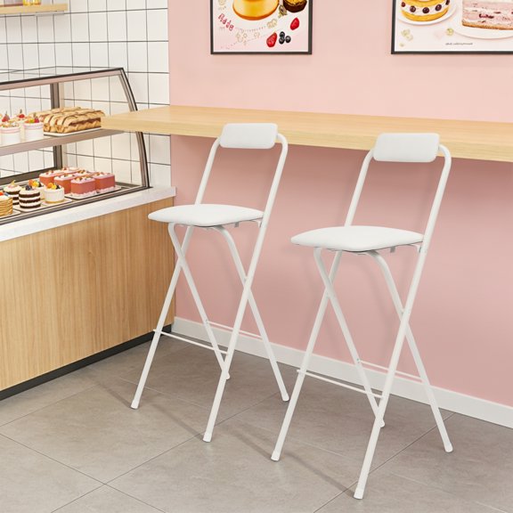 2Pcs Folding Bar Stool, 29.53inch Tall Foldable Bar Chair with Backrest Sponge Cushion, Counter Height Portable Folding Stool, for Kitchens Dining Rooms Bars Cafes (White)
