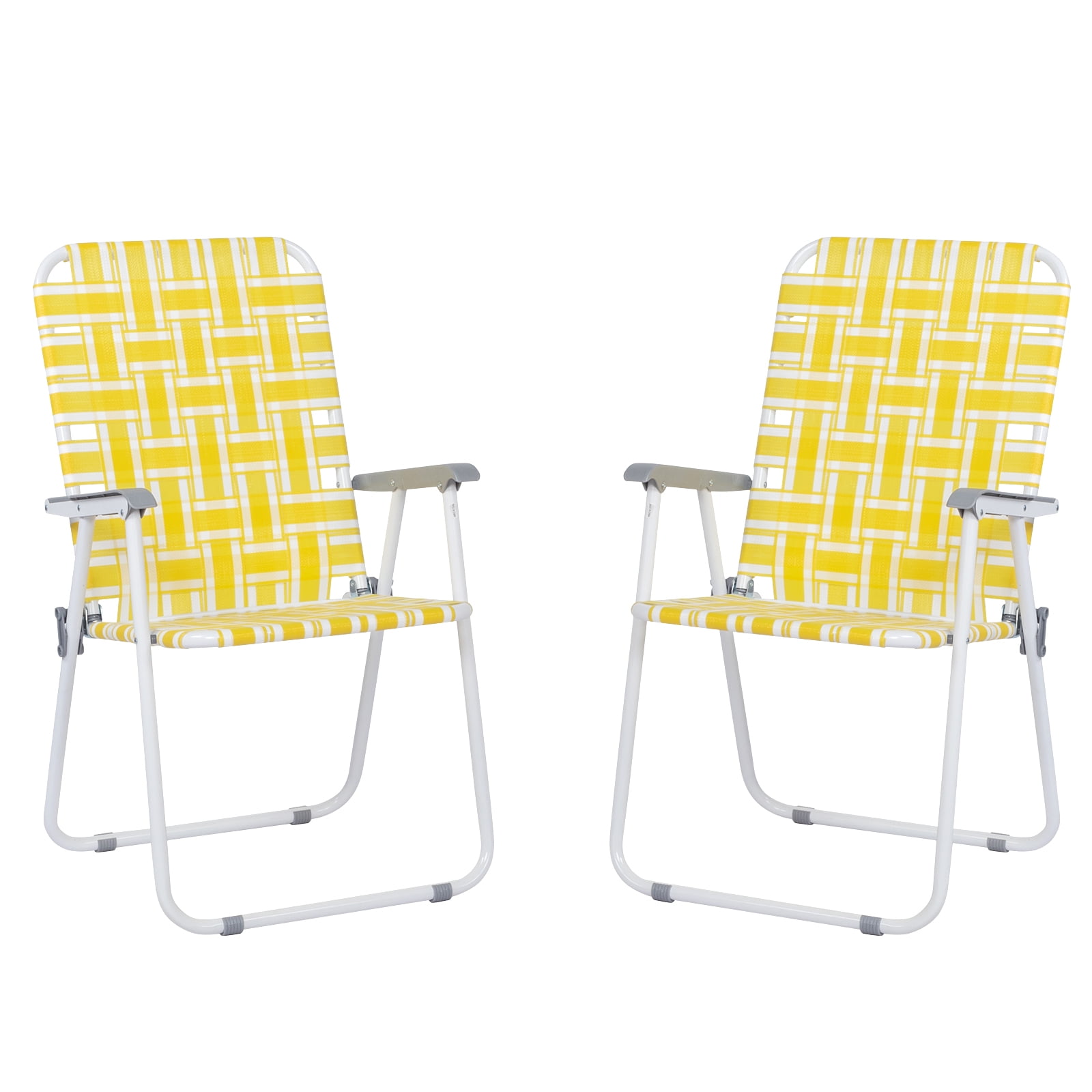 2Pcs Folding Beach Chair, Steel Tube PP Webbing Bearing 120kg Yellow & White Strip