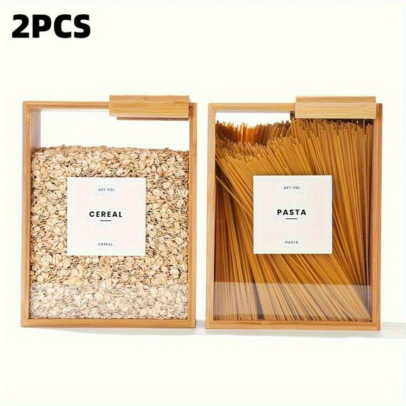 2Pcs Food Storage Box with Sliding Lid, Wooden Cereal Container for Pantry, Airtight Rice Dispenser and Pasta Storage, Kitchen Canister Set for Grains, Housewarming Gift