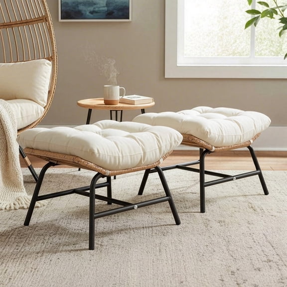 RADIATA 2Pcs Footrest Stool for Egg Chair Outdoor, Boho Portable Comfy Ottoman with Thick Cotton Cushion Padded Sofa Stool with Metal Frame for Lazy Chair, Living Room & Bedroom,Beige