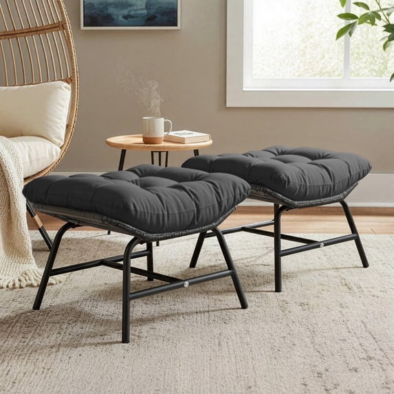 RADIATA 2Pcs Footrest Stool for Egg Chair Outdoor, Boho Portable Comfy Ottoman with Thick Cotton Cushion Padded Sofa Stool with Metal Frame for Lazy Chair, Living Room & Bedroom,Gray