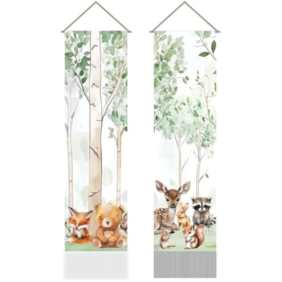 2Pcs Forest Wildlife Tapestry Deer Fox Bear Squirrel Raccoon Rabbit Ensemble Tassel Tapestry Hanging for Bedroom Living Room Nature Theme(45.7x13 Inch) DIY