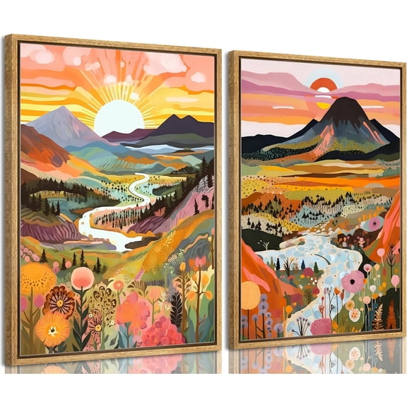 2Pcs Framed Boho Colorful Mountain Canvas Wall Art Abstract Sunrise and sunset Landscape Flower Wall Decor Watercolor Nature Forest Poster Print Artwork for Living Room Bedroom Office Home Decoration