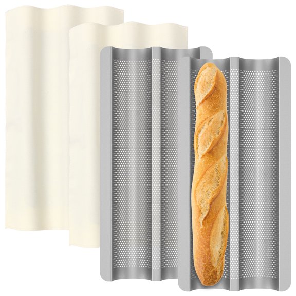 2Pcs French Bread Baking Pan Perforated 2 Slot Long Bread Pan Mold Nonstick Bakery Tray with Proofing Cloth for Kitchen Baking