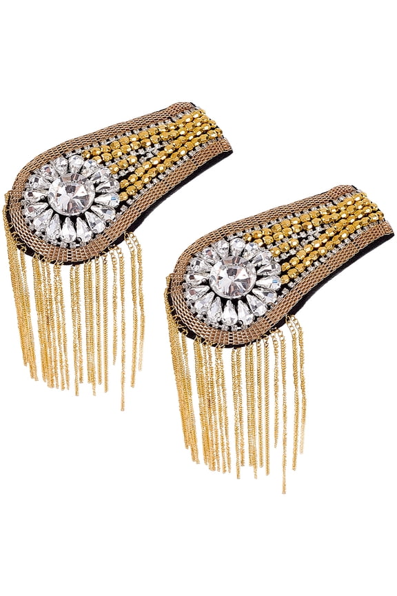 2Pcs Fringe Shoulder Appliques Rhinestone Epaulettes With Pin Sparkle Chain Teardrop Tassel Badge Glitter Decorative Vintage Pad Golden