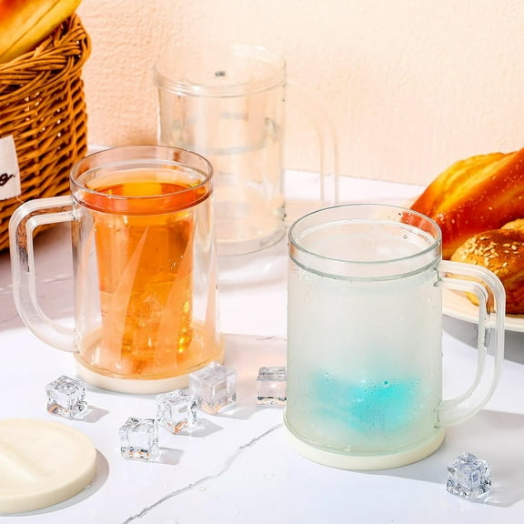 2Pcs Frozen Beer Mugs for Freezer Double Wall Gel Frosty Freezer Mugs Beer Ice Mugs for Freezer Drinking Freezer Cups Clear Plastic Beer Mugs with Handle, 13.5 oz