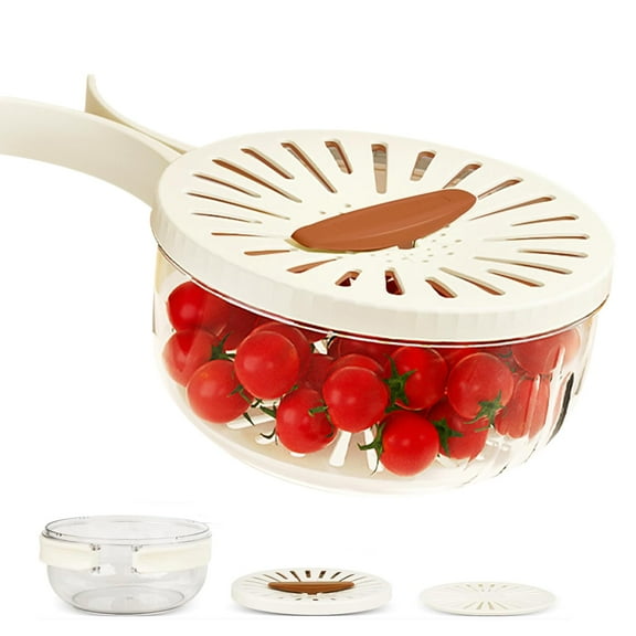 2Pcs Fruit Strainer Container with Lid, 2 in 1 Draining Preservation Basket, Plastic Fruit Washing Bowl with Foldable Handle, Versatile Kitchen Tool for Fruit and Veggie Wash