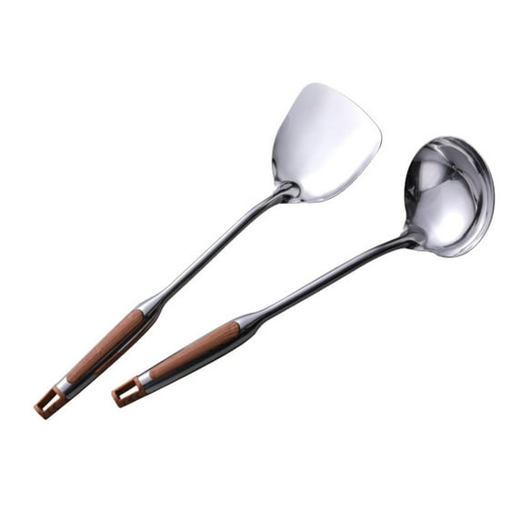 2Pcs Fry Cooking Utensil With Wooden Handle Cooking Tools Wok Spoon And Wok Turner Stainless Steel Cooking Utensils/ (Shovel*1+Spoon*1) 2Pcs Stainless Steel Long Handle Spatula And Soup Spoon Set