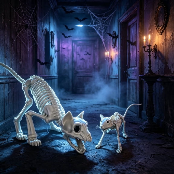 Outdoor Decoration 2Pcs Full Body Halloween Cat Skeleton & Mouse Skeleton ,Life Size Animal Skeletons,Halloween Scary Cat Rat Skeleton Decoration for Garden Yard Porch Party Haunted Graveyard