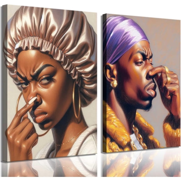 2Pcs Funny African American Bathroom Canvas Wall Art African men and Women Pinch Nose Poster Prints Wall Decor Paintings Funky Humour Smell WC Pictures Apartmen Aesthetic Decoration Gift