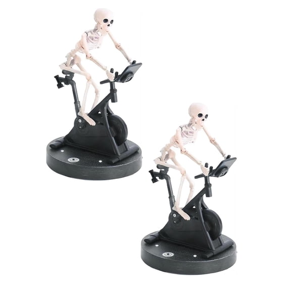 2Pcs Funny Animatronic Skeleton, 2026 New Mini Halloween Skeleton Decor Skeleton on Spin Bike, Skeleton Riding a Exercise Bike, Halloween Ground Breaking Skeleton Decorations