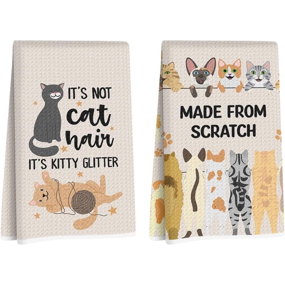 2Pcs Funny Cat Kitchen Towels 24x14 Inch, Cats Gifts Reusable Dish Towels for Kitchen Bathroom Decor, Waffle Weave Hand Cloth Tea Towel, Cute Cat Lover Gifts for Women Mom Friend